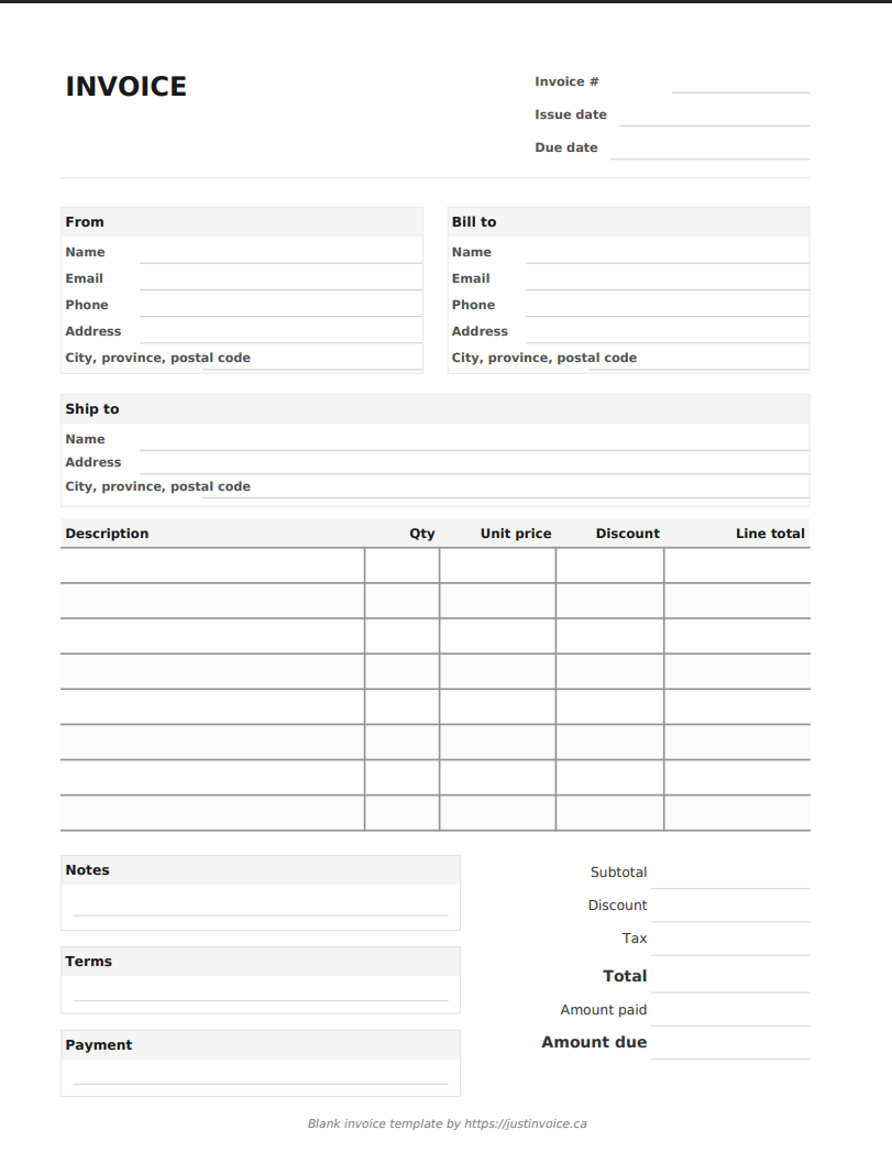 Blank printable invoice template with invoice number, bill to, line items, tax, and total fields