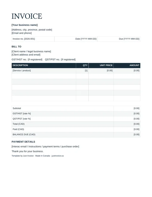 Word invoice template preview with tax fields and balance due