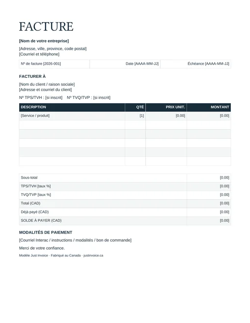 Aperçu du modèle de facture Word avec champs de taxes et solde à payer